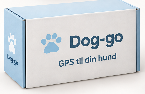 Det originale Dog-go-emballagekoncept: hvid og lyseblå æske med pote-logo og teksten GPS til din hund